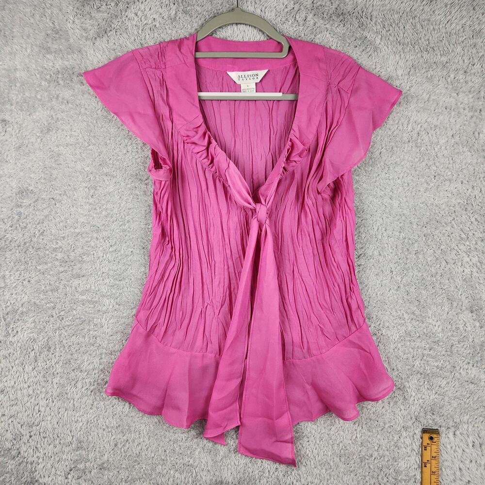 Vintage Allison Taylor Blouse Womens Large Pink Ruffle Tie Sheer Babydoll Fairy